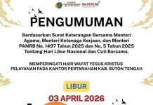 Peringati Wafat Yesus Kristus 2026, Layanan Kantor Pertanahan Buteng Tutup 3 April dan Buka 6 April 2026