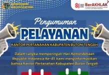 Peringati HUT ke-81 RI, Pelayanan Kantor Pertanahan Kabupaten Buton Tengah Libur pada 17 Agustus 2026